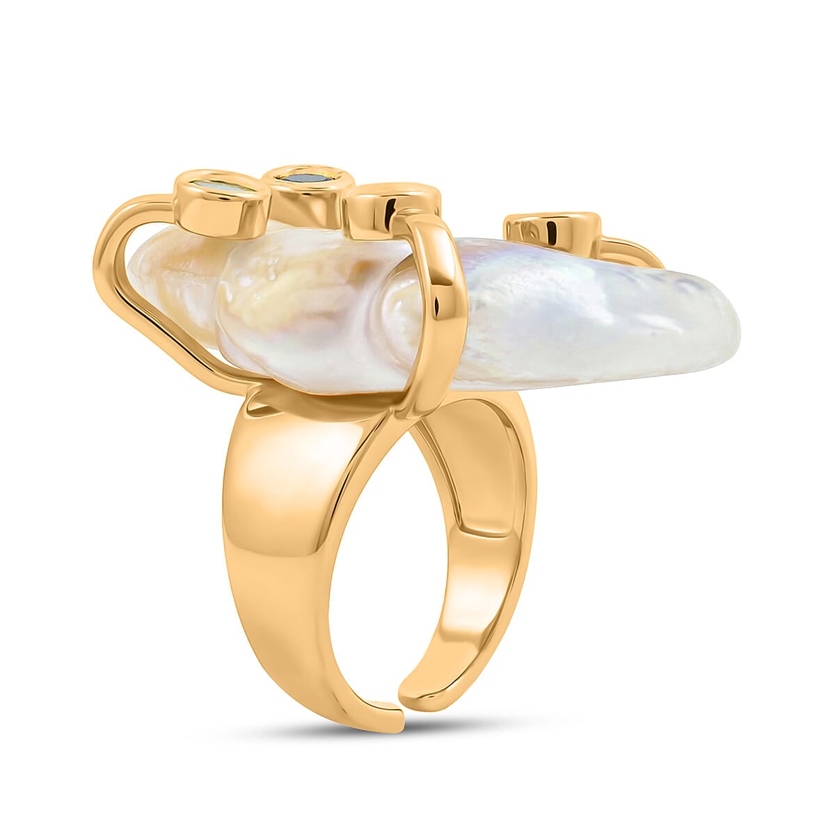 White Keshi Pearl, Simulated Multi Color Diamond Ring in Goldtone (Adjustable) image number 3