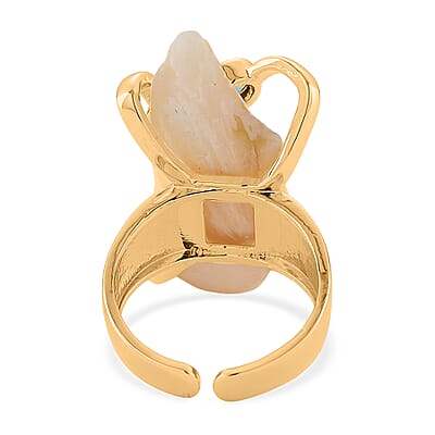 White Keshi Pearl, Simulated Multi Color Diamond Ring in Goldtone (Adjustable)