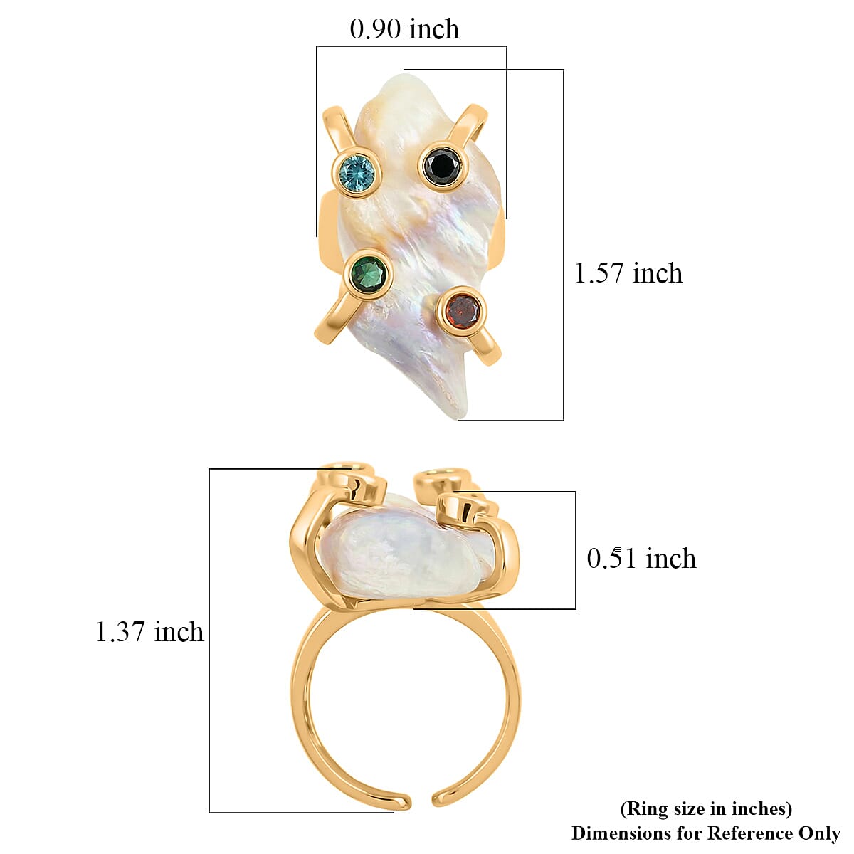 White Keshi Pearl, Simulated Multi Color Diamond Ring in Goldtone (Adjustable) image number 5