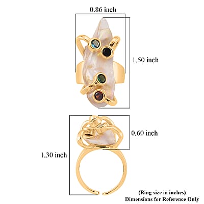 White Keshi Pearl, Simulated Multi Color Diamond Ring in Goldtone (Adjustable)