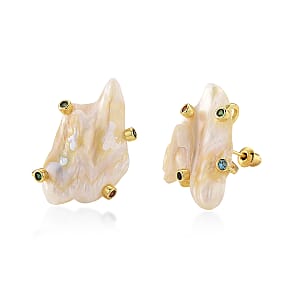 White Keshi Pearl and Simulated Multi Color Diamond Earrings in Goldtone