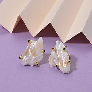 White Keshi Pearl and Simulated Multi Color Diamond Earrings in Goldtone
