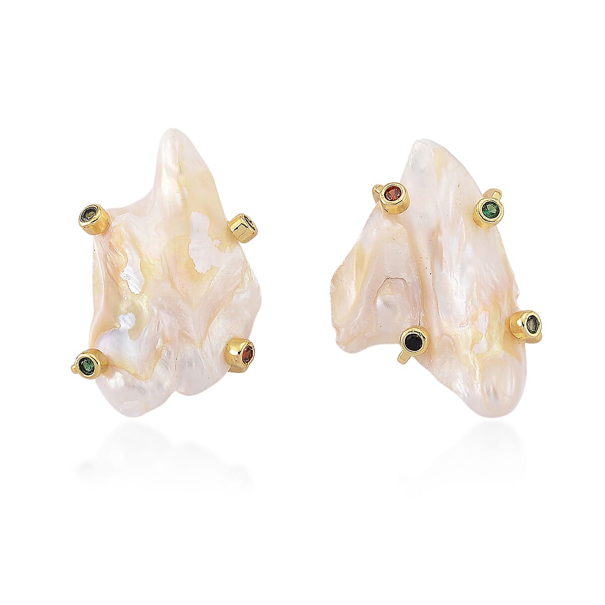 White Keshi Pearl and Simulated Multi Color Diamond Earrings in Goldtone image number 3
