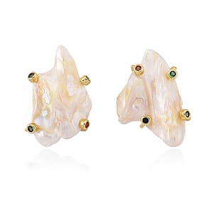 White Keshi Pearl and Simulated Multi Color Diamond Earrings in Goldtone