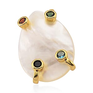 White Keshi Pearl, Simulated Multi Color Diamond Ring in Goldtone (Adjustable)