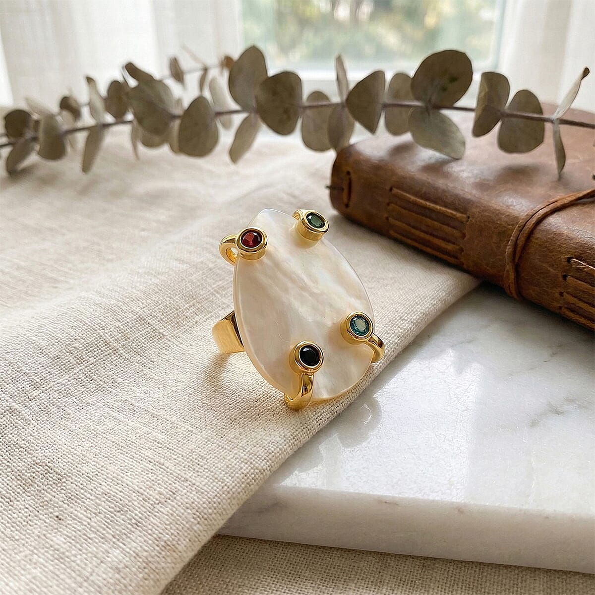 White Keshi Pearl, Simulated Multi Color Diamond Ring in Goldtone image number 1