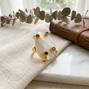 White Keshi Pearl, Simulated Multi Color Diamond Ring in Goldtone (Adjustable)