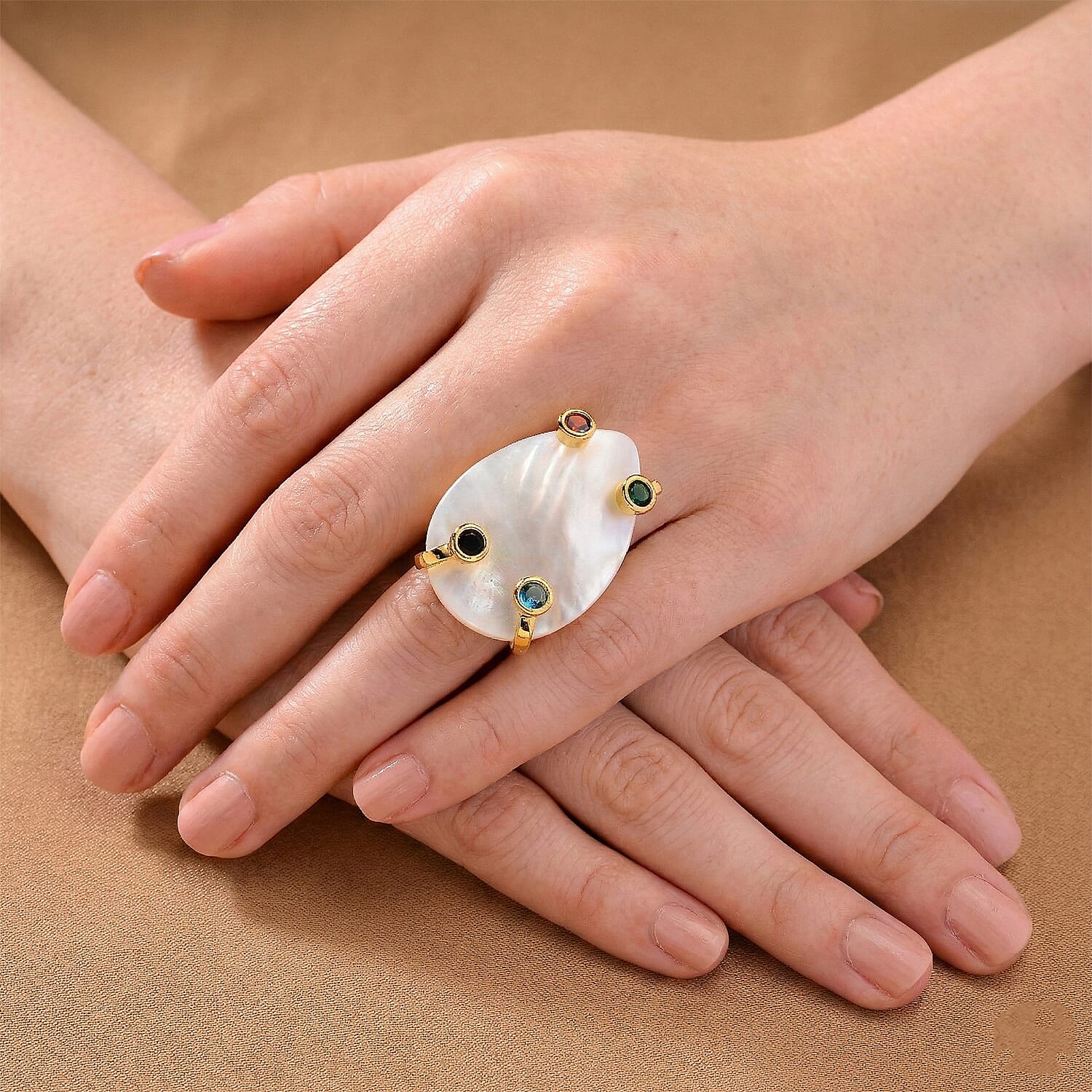 White Keshi Pearl, Simulated Multi Color Diamond Ring in Goldtone
