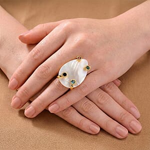 White Keshi Pearl, Simulated Multi Color Diamond Ring in Goldtone (Adjustable)