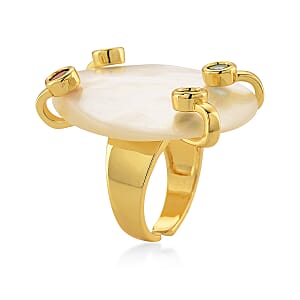 White Keshi Pearl, Simulated Multi Color Diamond Ring in Goldtone (Adjustable)