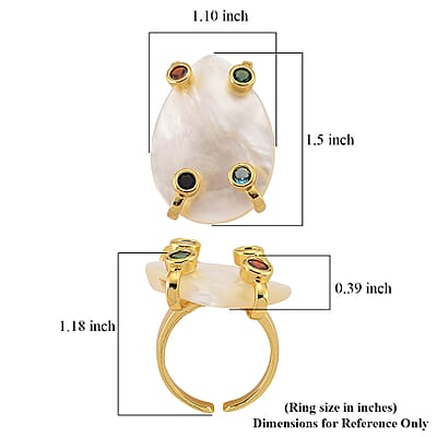 White Keshi Pearl, Simulated Multi Color Diamond Ring in Goldtone (Adjustable)