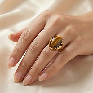 Tigers Eye 35.00 ctw Ring in Goldtone (Adjustable)