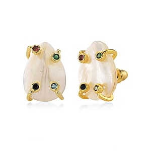 White Keshi Pearl and Simulated Multi Color Diamond Earrings in Goldtone