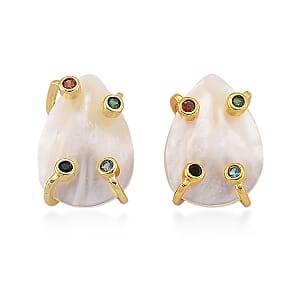 White Keshi Pearl and Simulated Multi Color Diamond Earrings in Goldtone