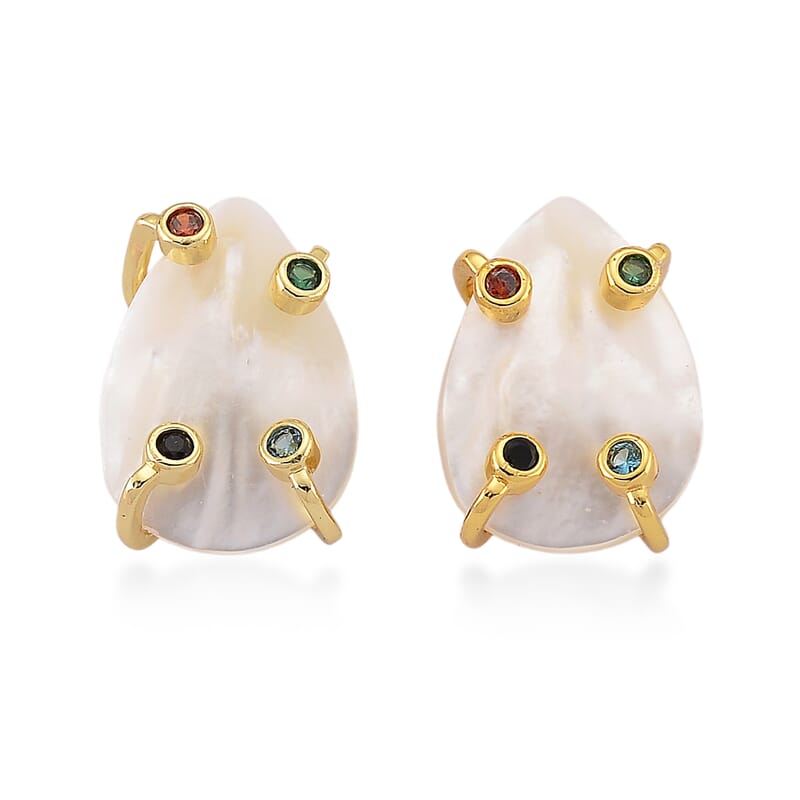 White Keshi Pearl and Simulated Multi Color Diamond Earrings in Goldtone