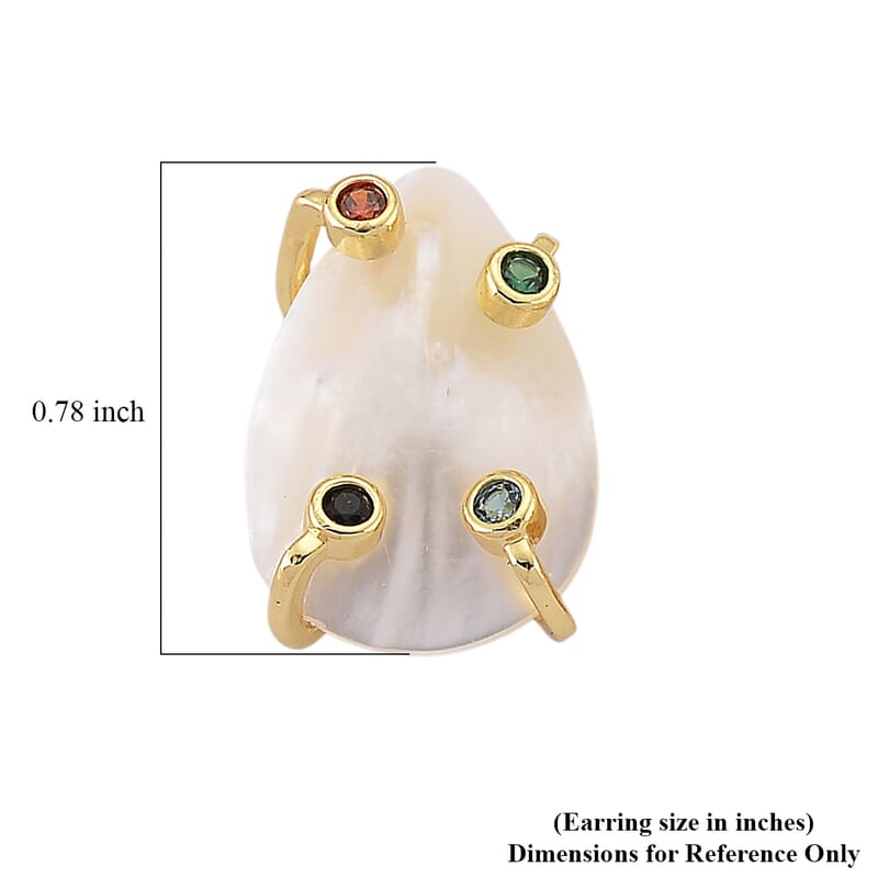 White Keshi Pearl and Simulated Multi Color Diamond Earrings in Goldtone