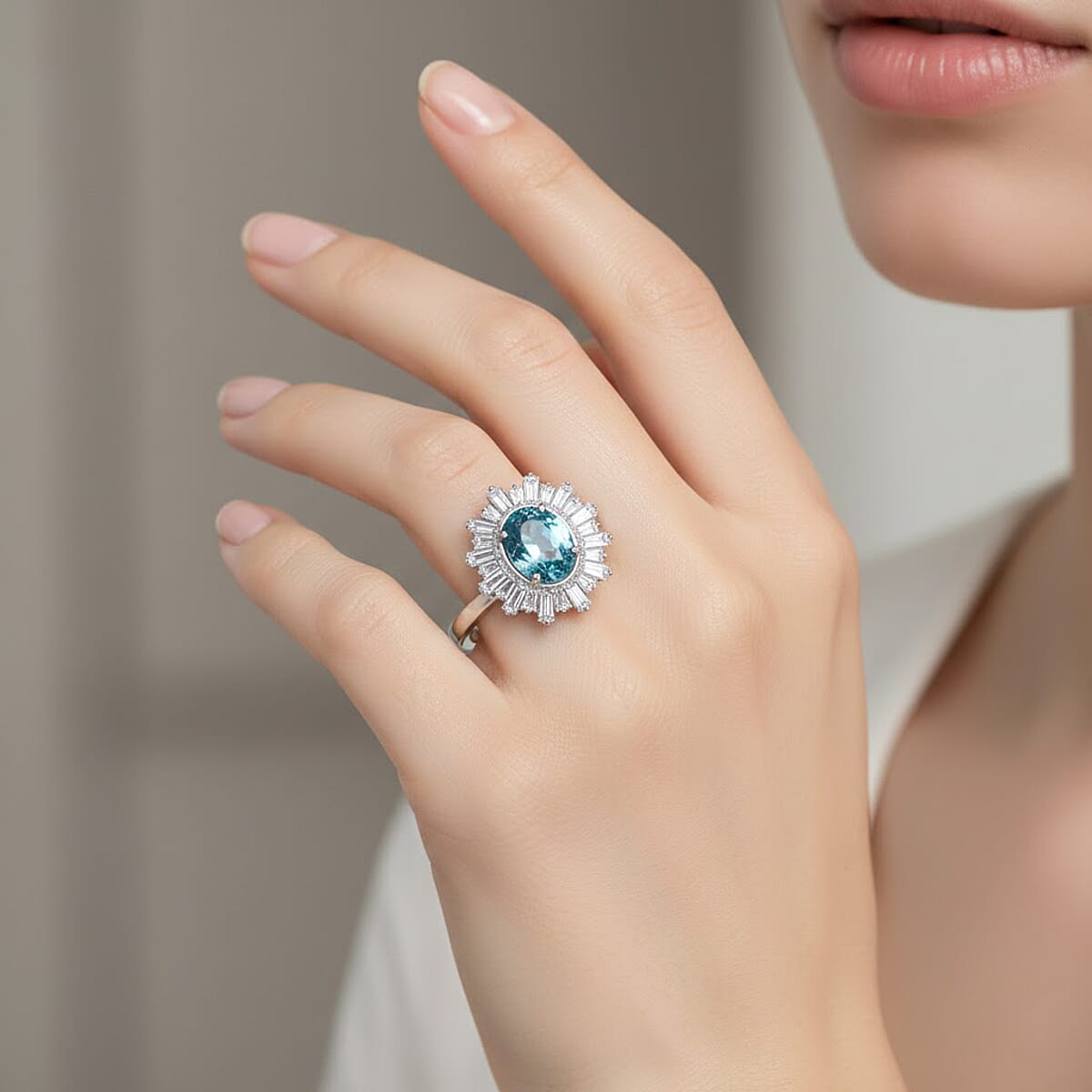 D'Joy Premium Cambodian Blue Zircon and Moissanite 2.70 ctw Azure Flare Ring in Rhodium Over Sterling Silver (Size 10.0) image number 2