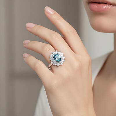 D'Joy Cambodian Blue Zircon, Moissanite Ring in Rhodium Over Sterling Silver 2.70 ctw (Size 10.0)