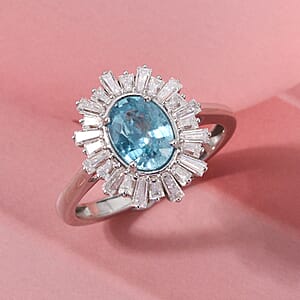 D'Joy Cambodian Blue Zircon, Moissanite Ring in Rhodium Over Sterling Silver 2.70 ctw (Size 6.0)