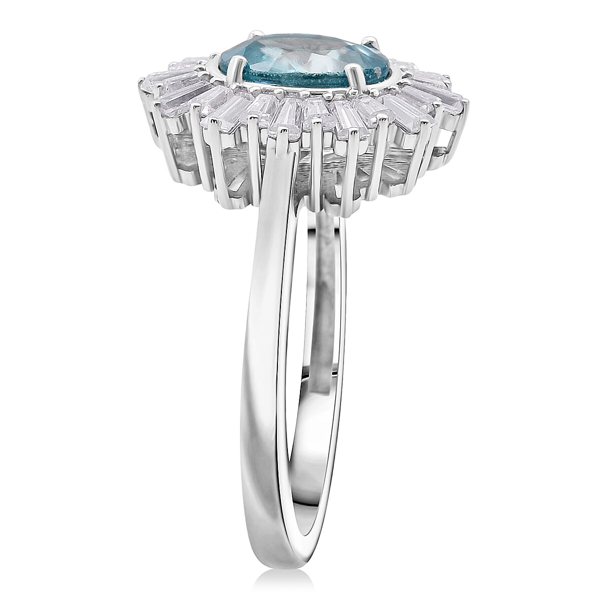 D'Joy Premium Cambodian Blue Zircon and Moissanite 2.70 ctw Azure Flare Ring in Rhodium Over Sterling Silver (Size 6.0) image number 3