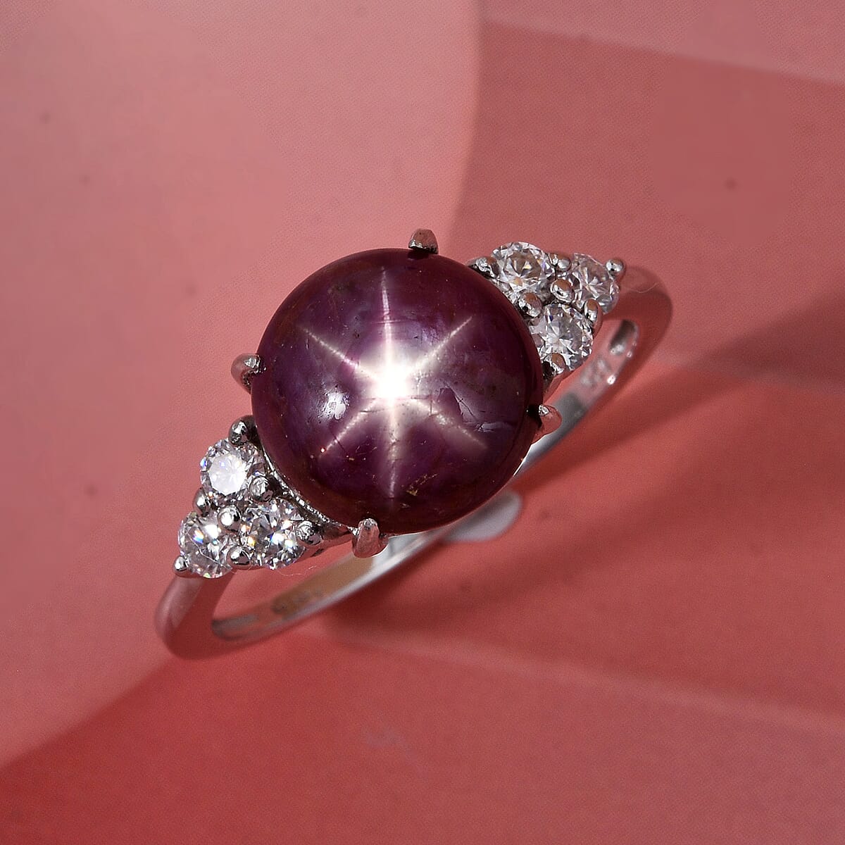 D'Joy Premium Indian Star Ruby and Moissanite 7.25 ctw Aurora Ring in Rhodium Over Sterling Silver (Size 7.0) image number 1