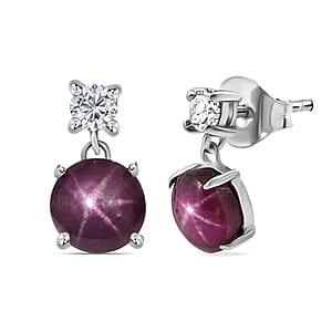 D'Joy Premium Indian Star Ruby and Moissanite 3.75 ctw Luna Star Earrings in Rhodium Over Sterling Silver