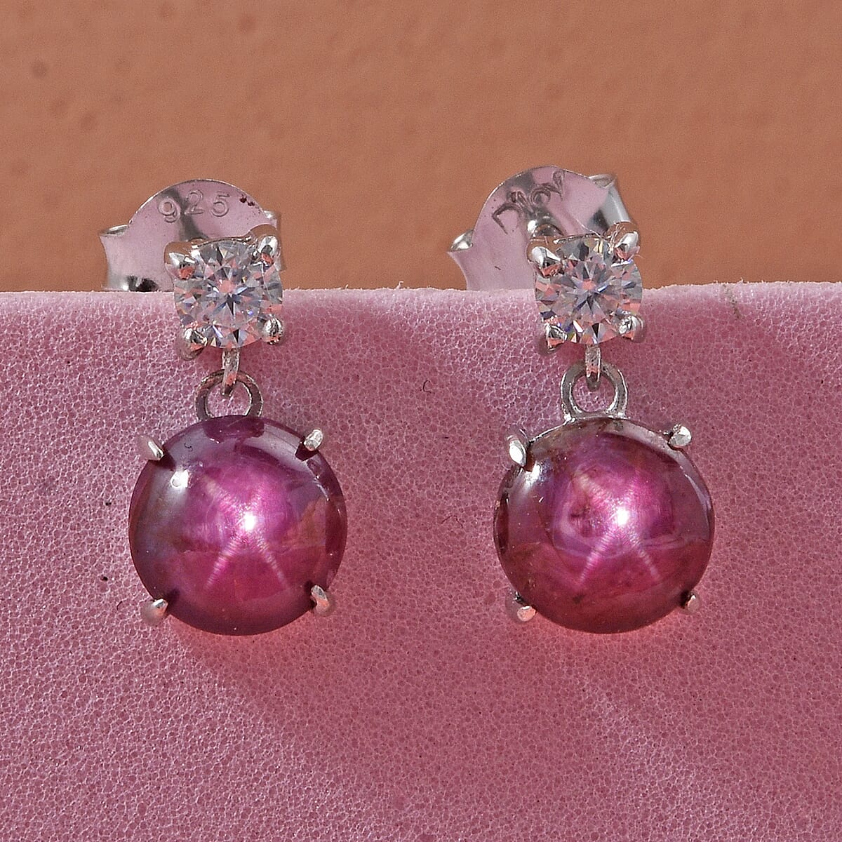 D'Joy Premium Indian Star Ruby and Moissanite 3.75 ctw Luna Star Earrings in Rhodium Over Sterling Silver image number 1