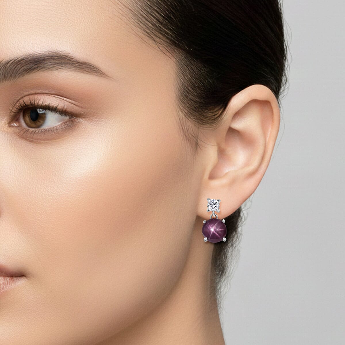 D'Joy Premium Indian Star Ruby and Moissanite 3.75 ctw Luna Star Earrings in Rhodium Over Sterling Silver image number 2