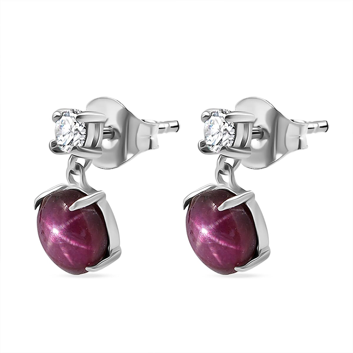 D'Joy Premium Indian Star Ruby and Moissanite 3.75 ctw Luna Star Earrings in Rhodium Over Sterling Silver image number 3