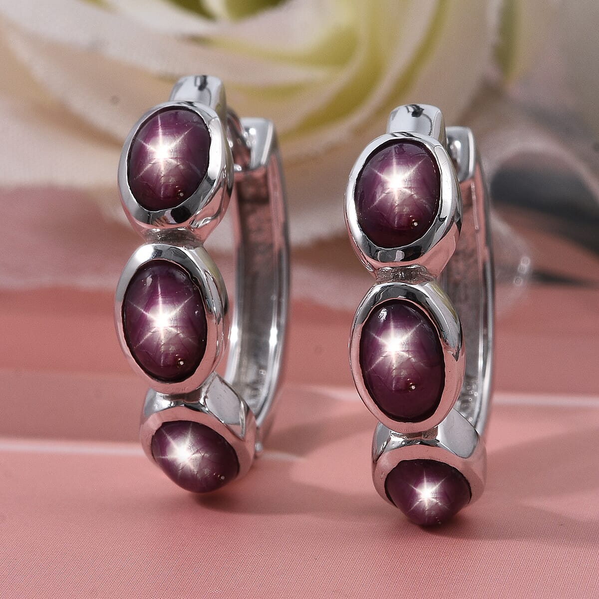 D'Joy Premium Indian Star Ruby 5.90 ctw Hoop Earrings in Rhodium Over Sterling Silver image number 1