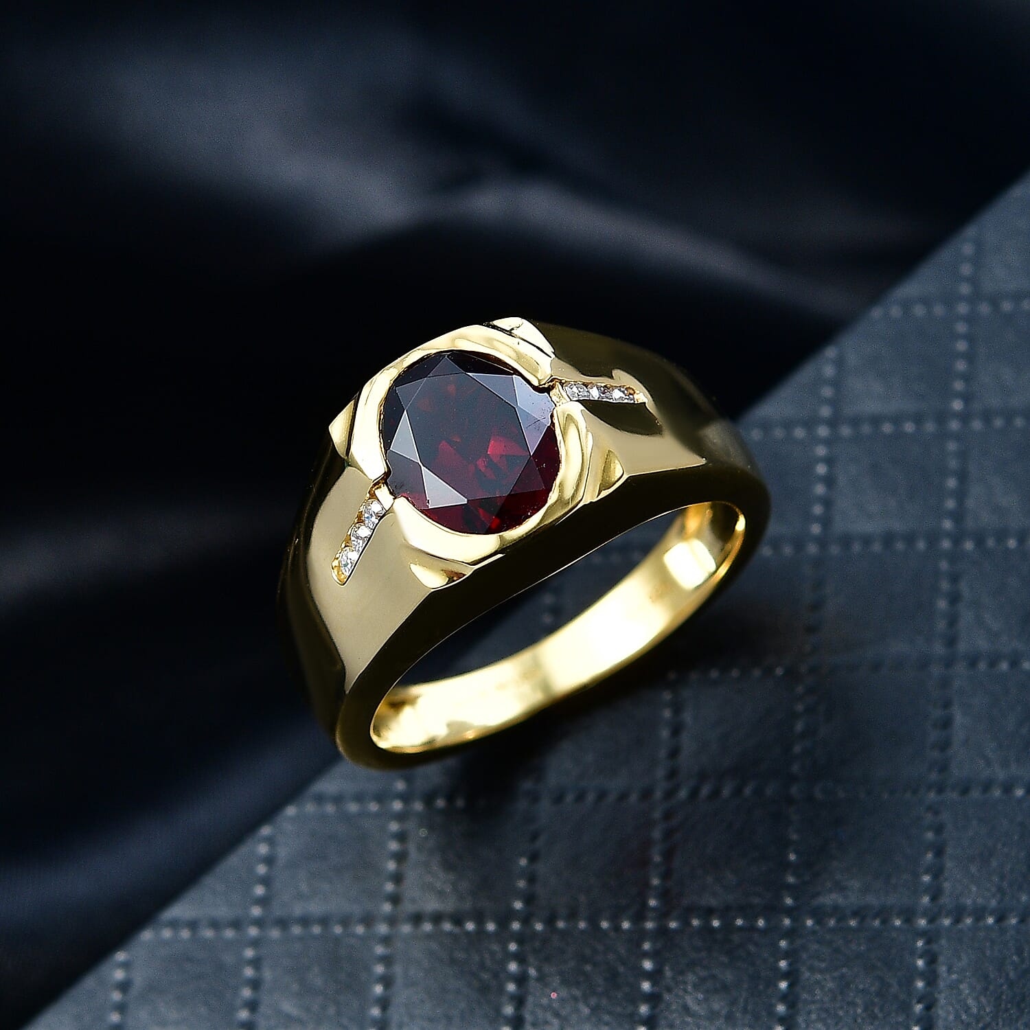 D'Joy Premium Mozambique Garnet and Moissanite 3.00 ctw Fireforge Band Men's Ring in 18K Vermeil Yellow Gold Over Sterling Silver (Size 10.0)