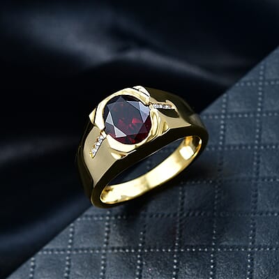 D'Joy Premium Mozambique Garnet and Moissanite 3.00 ctw Fireforge Band Men's Ring in 18K Vermeil Yellow Gold Over Sterling Silver (Size 10.0)