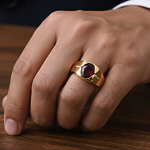 D'Joy Premium Mozambique Garnet and Moissanite 3.00 ctw Fireforge Band Men's Ring in 18K Vermeil Yellow Gold Over Sterling Silver (Size 12.0)