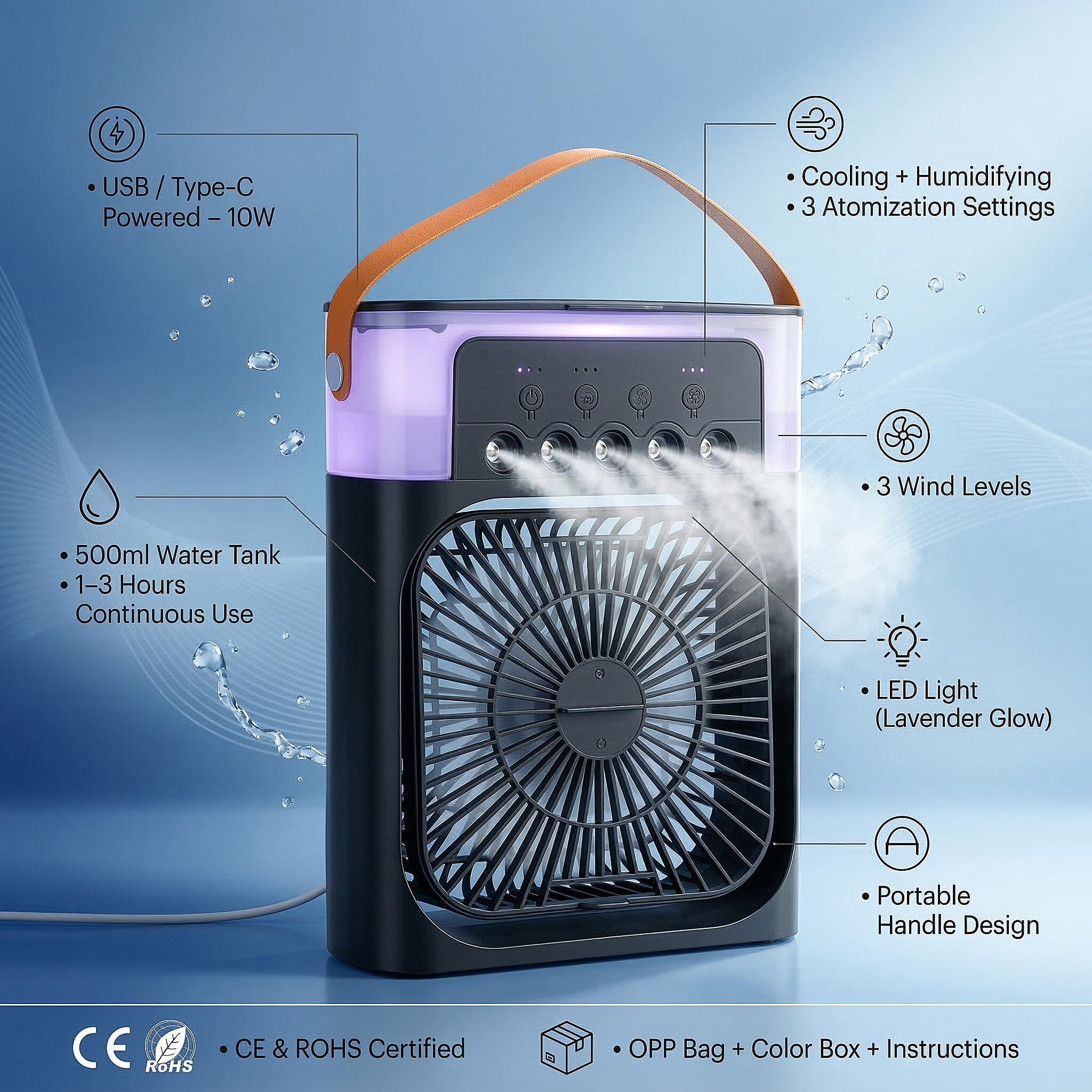 Livmore Black Multifunctional 5 Hole Humidifier Fan with Handle and Flashing Light