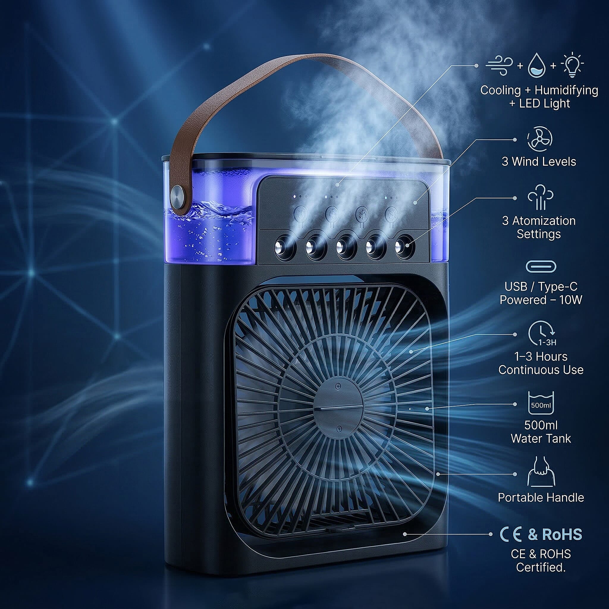 Livmore Black Multifunctional 5 Hole Humidifier Fan with Handle and Flashing Light