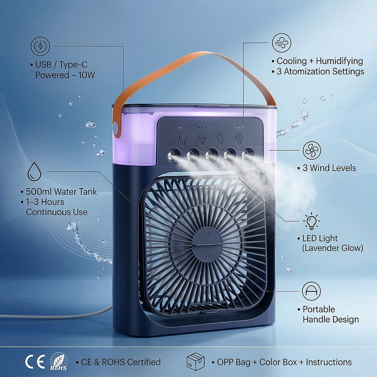 Livmore Blue Multifunctional 5 Hole Humidifier Fan with Handle and Flashing Light image number 3