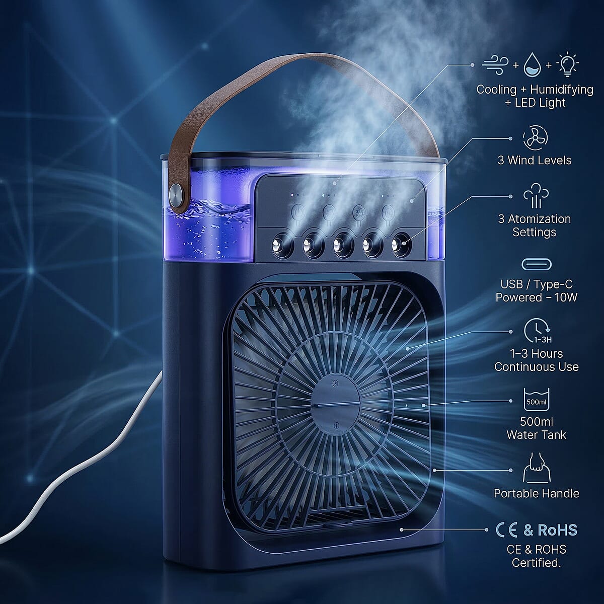 Livmore Blue Multifunctional 5 Hole Humidifier Fan with Handle and Flashing Light image number 4