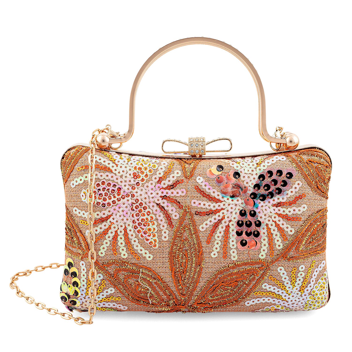 La Marey Orange Faux Leather Sequin Phone Bag with Shoulder Strap