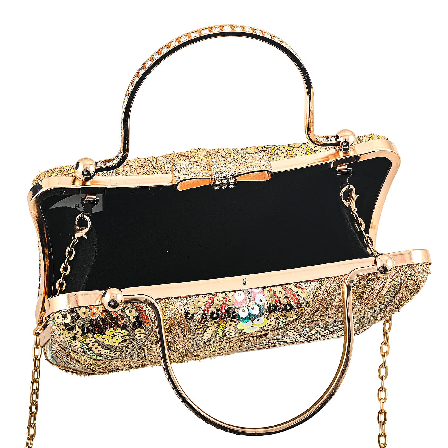 La Marey Gold Faux Leather Sequin Phone Bag with Shoulder Strap