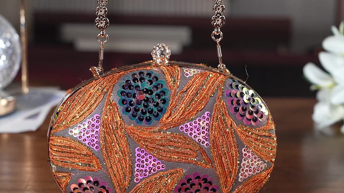 La Marey Orange Faux Leather Oval Sequin Phone Bag with Shoulder Strap