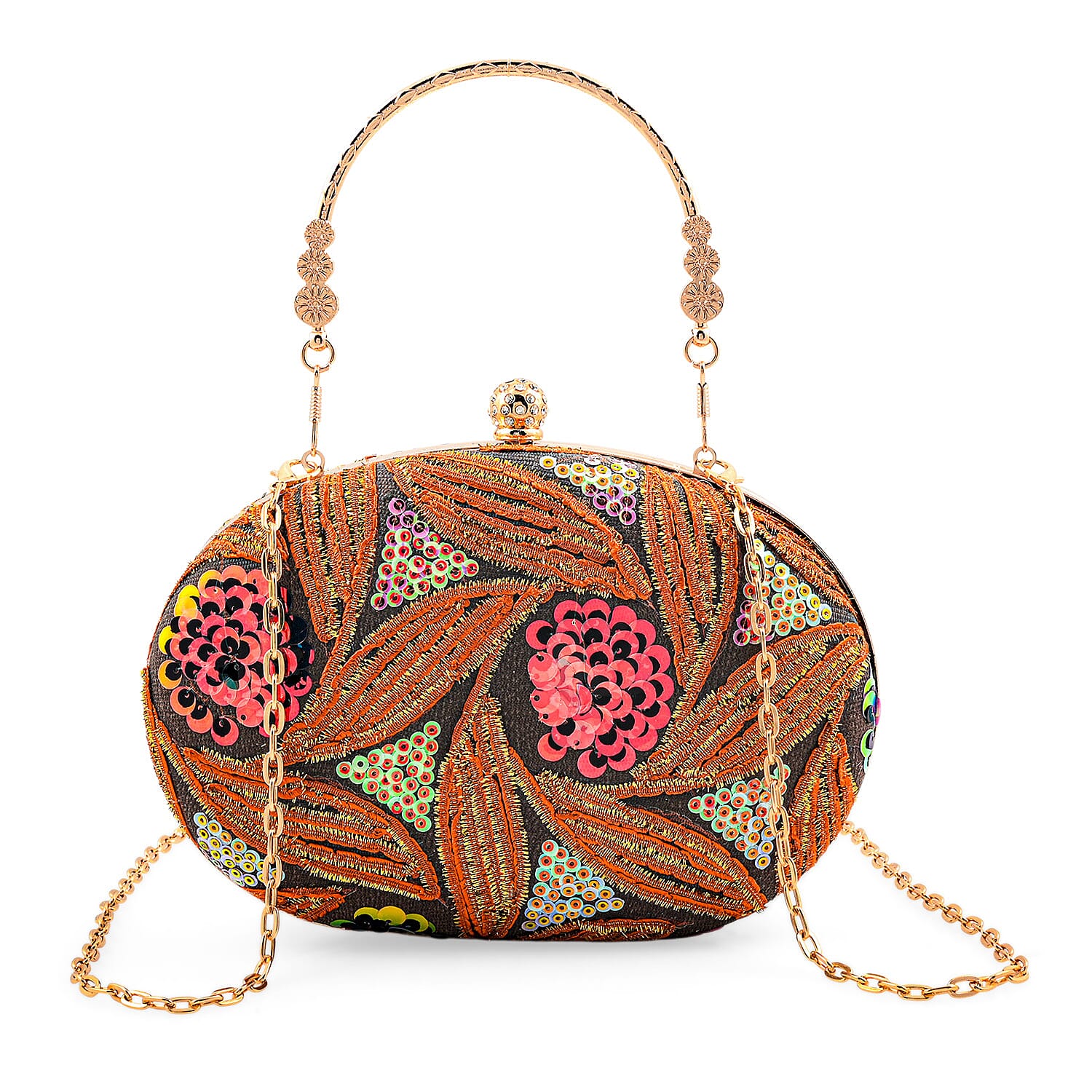 La Marey Orange Faux Leather Oval Sequin Clutch Bag with Shoulder Strap