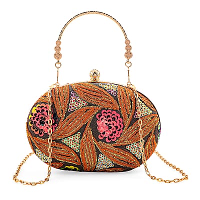 La Marey Orange Faux Leather Oval Sequin Clutch Bag with Shoulder Strap