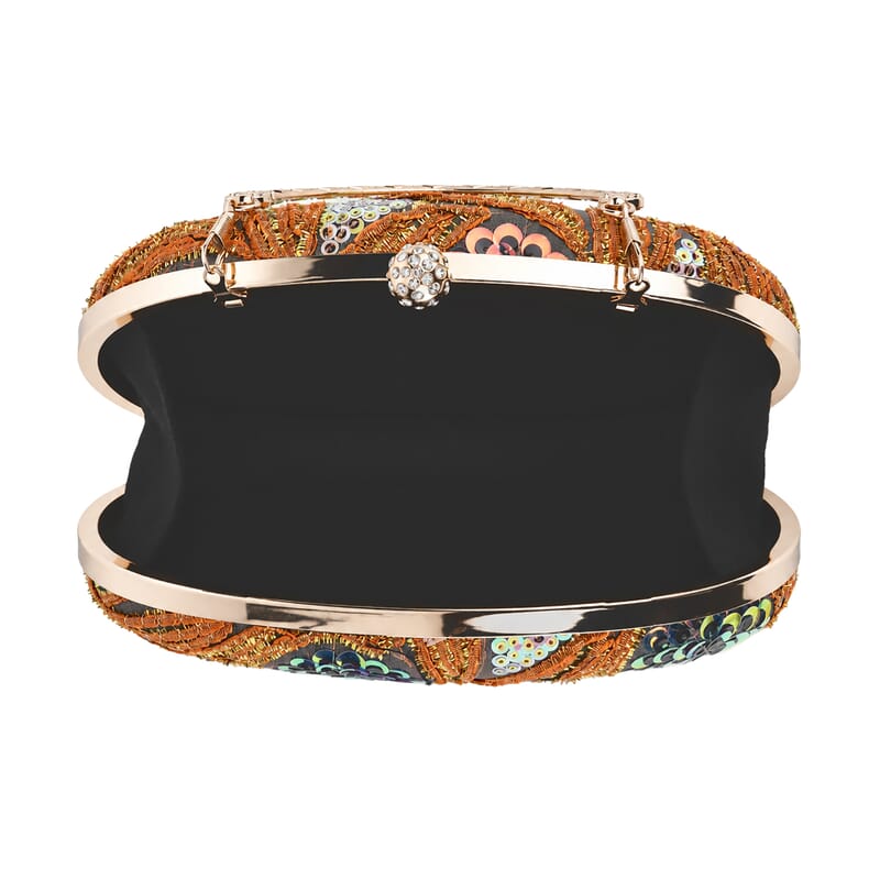 La Marey Orange Faux Leather Oval Sequin Clutch Bag with Shoulder Strap