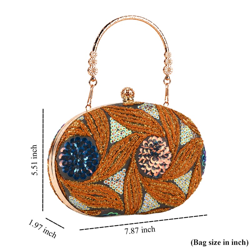 La Marey Orange Faux Leather Oval Sequin Clutch Bag with Shoulder Strap