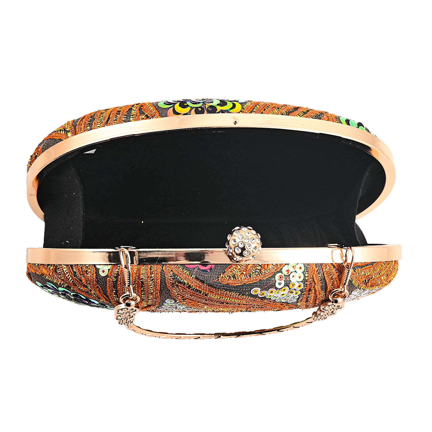 La Marey Orange Faux Leather Oval Sequin Clutch Bag with Shoulder Strap