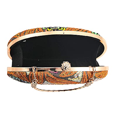 La Marey Orange Faux Leather Oval Sequin Clutch Bag with Shoulder Strap