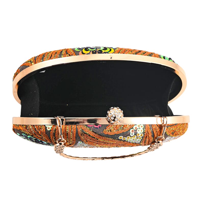 La Marey Orange Faux Leather Oval Sequin Clutch Bag with Shoulder Strap