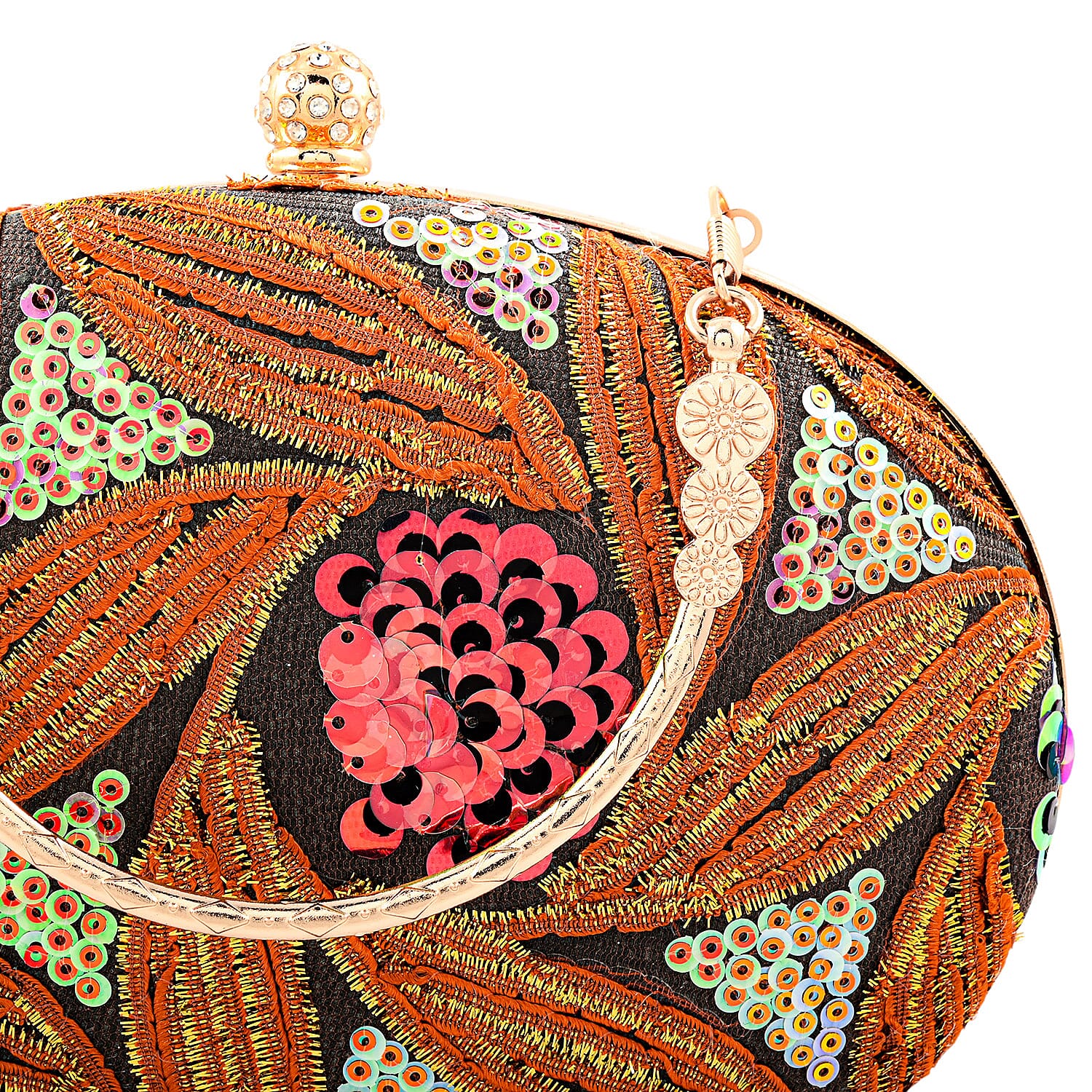 La Marey Orange Faux Leather Oval Sequin Clutch Bag with Shoulder Strap