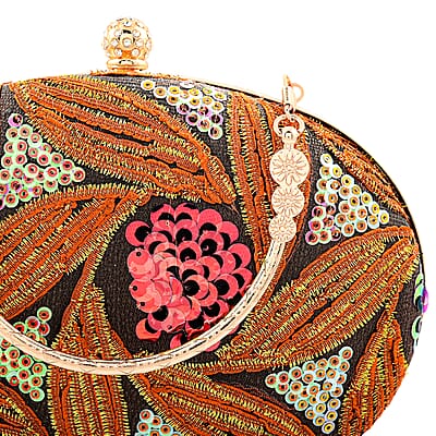 La Marey Orange Faux Leather Oval Sequin Clutch Bag with Shoulder Strap