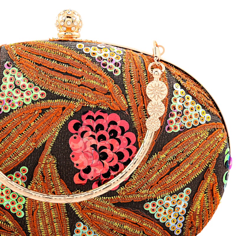 La Marey Orange Faux Leather Oval Sequin Clutch Bag with Shoulder Strap